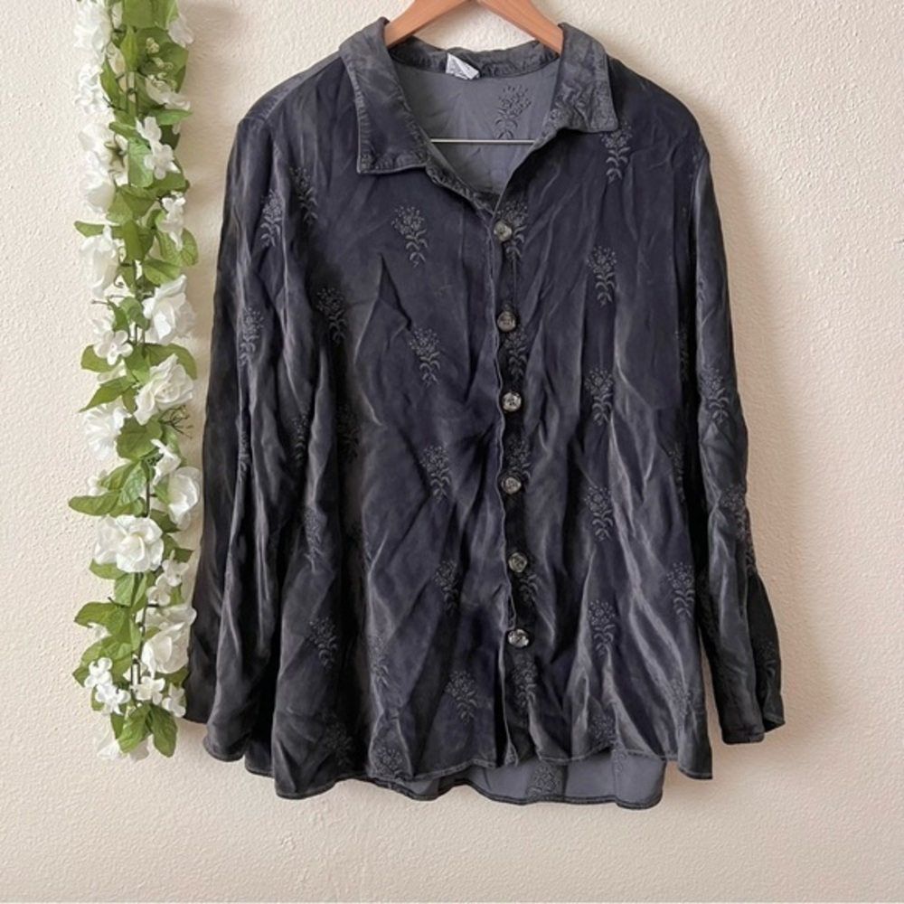 CP Shades Dark Gray Velvet Embroidered Floral Oversized Button Down Shirt